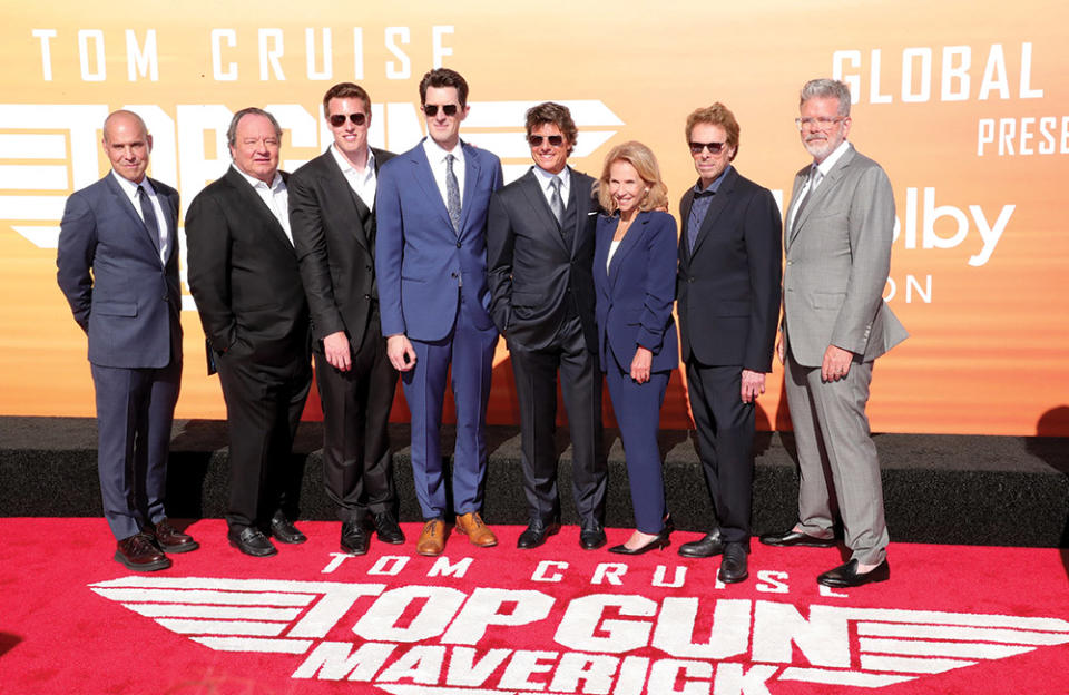 From left: Paramount’s Brian Robbins and Bob Bakish, producer David Ellison, director Joseph Kosinski, Tom Cruise, Paramount’s Shari Redstone and producers Jerry Bruckheimer and Christopher McQuarrie at the global premiere of Top Gun: Maverick in San Diego.