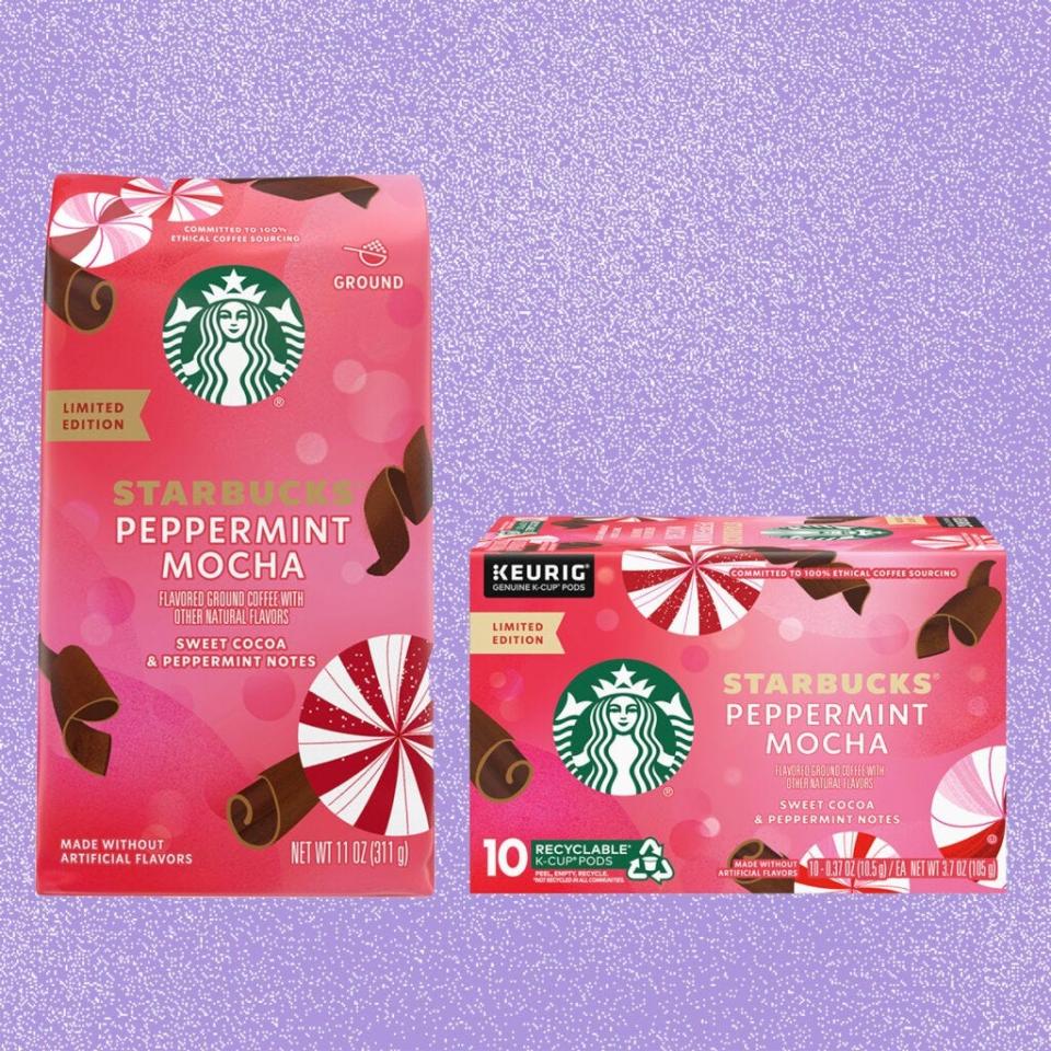 Starbucks Peppermint Mocha ground coffee and k-cups are available in grocery stores.