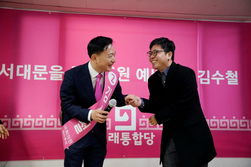 North Korean defector Ji Seong-ho attends an opening ceremony for an election campaign of the main opposition United Future Party in Seoul