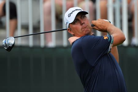 Aug 21, 2014; Paramus, NJ, USA; Bo Van Pelt hits his tee shot off the first hole during the first round of The Barclays golf tournament at Ridgewood Country Club. Tommy Gilligan-USA TODAY Sports