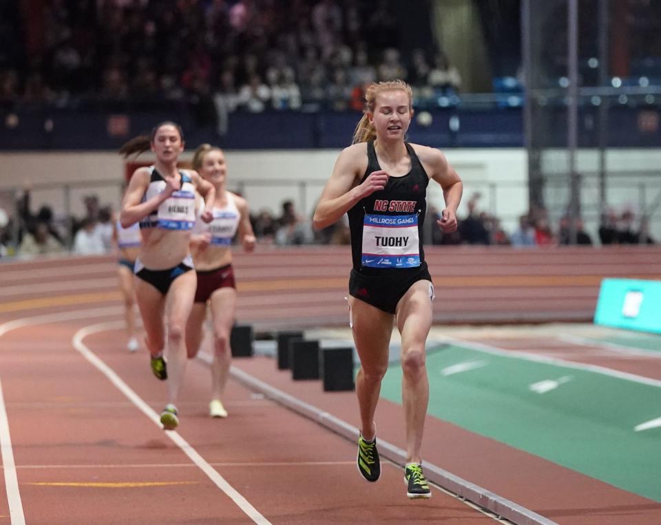 Katelyn Tuohy runs an 8:35.20 in the women's 3,000-meter, setting a new indoor collegiate record at the 115th Millrose Games at The Armory in New York on Saturday, February 11, 2023.