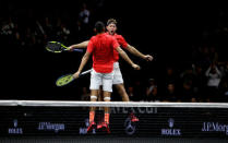 Tennis - Laver Cup - 1st Day - Prague, Czech Republic - September 22, 2017 - Jack Sock and Nick Kyrgios of team World celebrate during the doubles match. REUTERS/David W Cerny