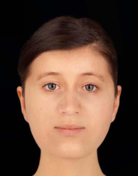 A Caucasian woman with dark hair and dark eyes. The Trumpington Cross burial facial reconstruction was created by forensic artist Hew Morrison using measurements of the woman’s skull and tissue depth data for Caucasian females.