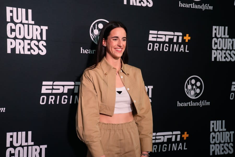 Indiana Fever’s Caitlin Clark arrives on the Red Carpet before the world premiere and screening of Episode 1 of the upcoming ESPN+ Original Series Full Court Press, Monday, May 6, 2024, in Indianapolis. (AP Photo/Darron Cummings)