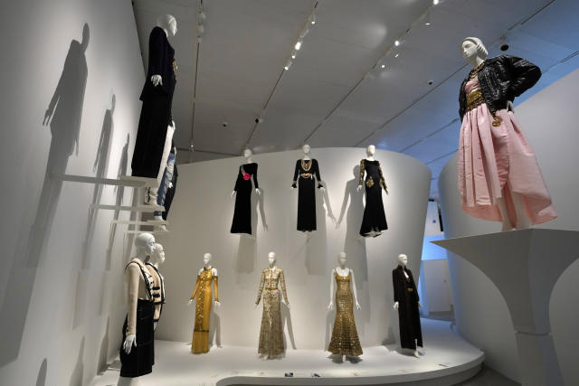 Designs by Karl Lagerfeld are displayed at the Metropolitan Museum of Art's Costume Institute exhibition, "Karl Lagerfeld: A Line of Beauty," on Saturday, April 29, 2023, in New York. (Photo by Charles Sykes/Invision/AP)