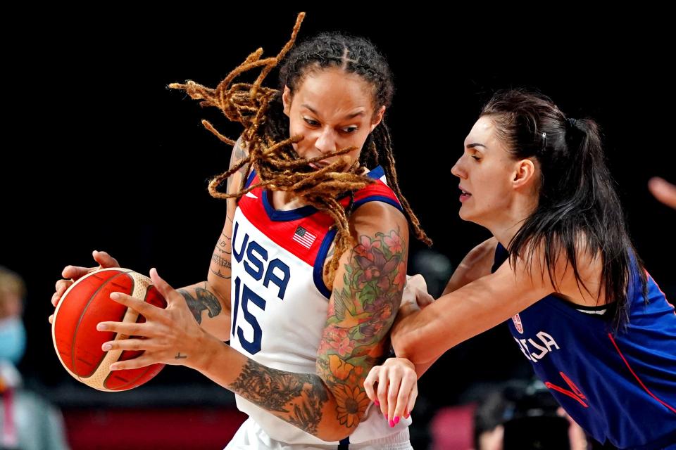Brittney Griner drives to the basket against Serbia's Dragana Stankovic.