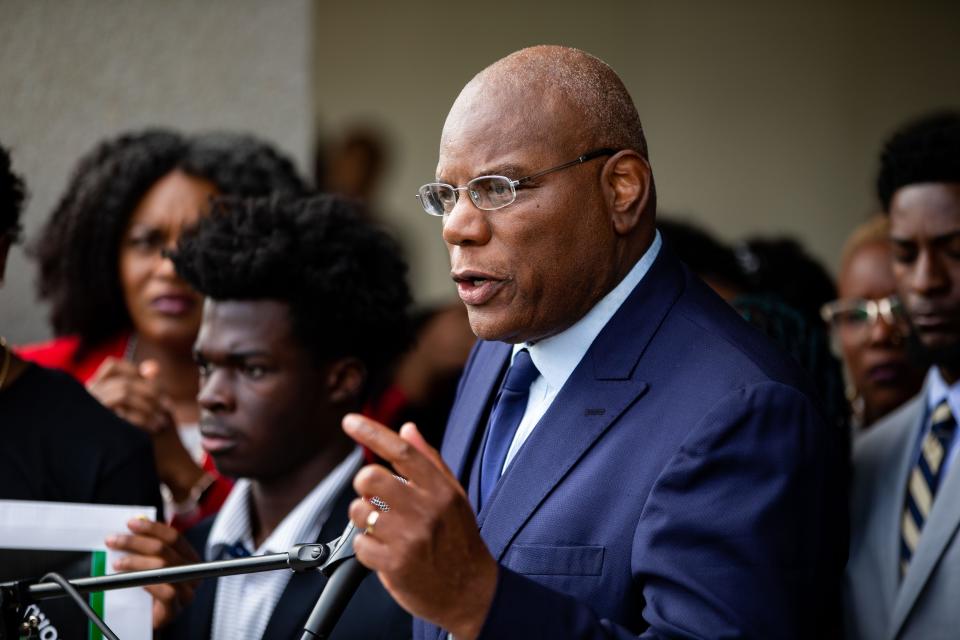 Rev. RB Holmes, pastor of Bethel Missionary Baptist Church, speaks to a crowd of hundreds from the steps of the Senate portico during the National Action Network demonstration in response to Gov. Ron DeSantis's efforts to minimize diverse education. The activists chanted and carried signs while making their way from Bethel Missionary Baptist Church in Tallahassee, Florida to the Capitol building Wednesday, Feb. 15, 2023.