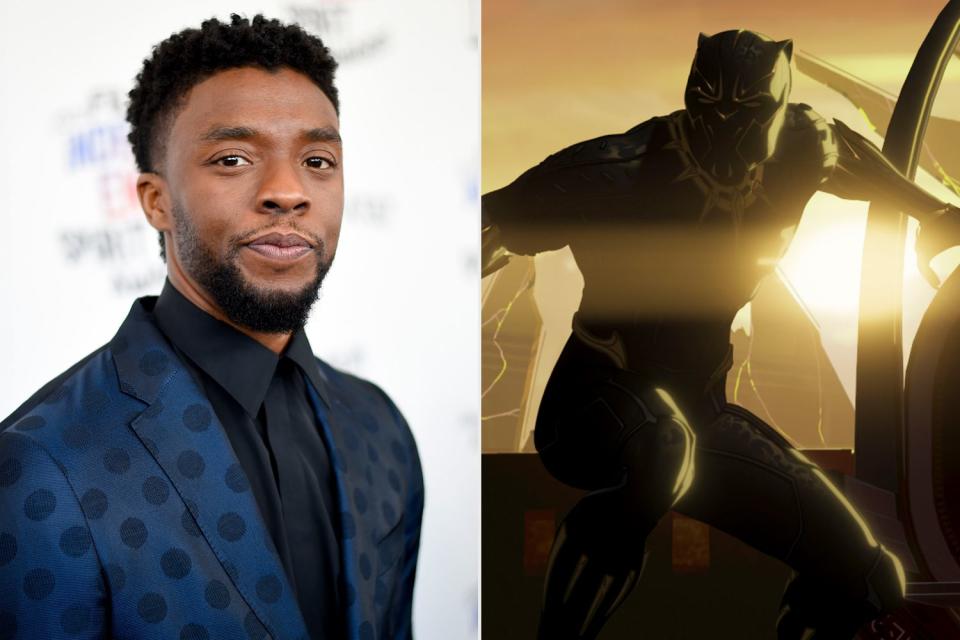 SANTA MONICA, CA - MARCH 03: Actor Chadwick Boseman attends the 2018 Film Independent Spirit Awards on March 3, 2018 in Santa Monica, California. (Photo by Kevin Mazur/Getty Images); Black Panther in Marvel Studios' WHAT IF…? exclusively on Disney+. ©Marvel Studios 2021. All Rights Reserved.