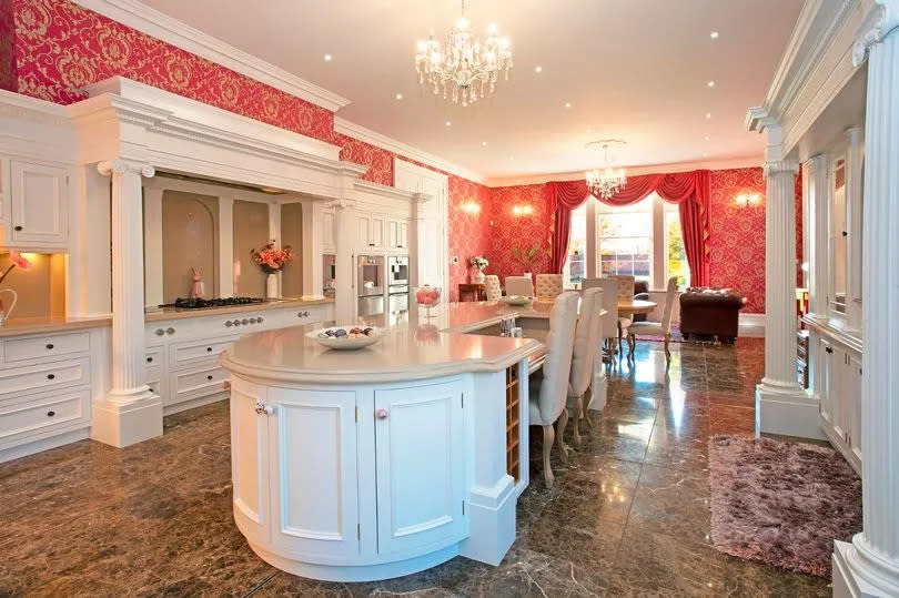 the lavish kitchen with red wallpaper