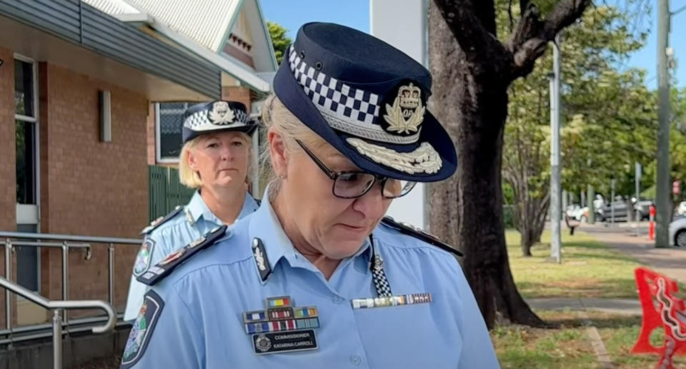 Police Commissioner Katarina Carroll composes herself as she holds back tears. Source: ABC