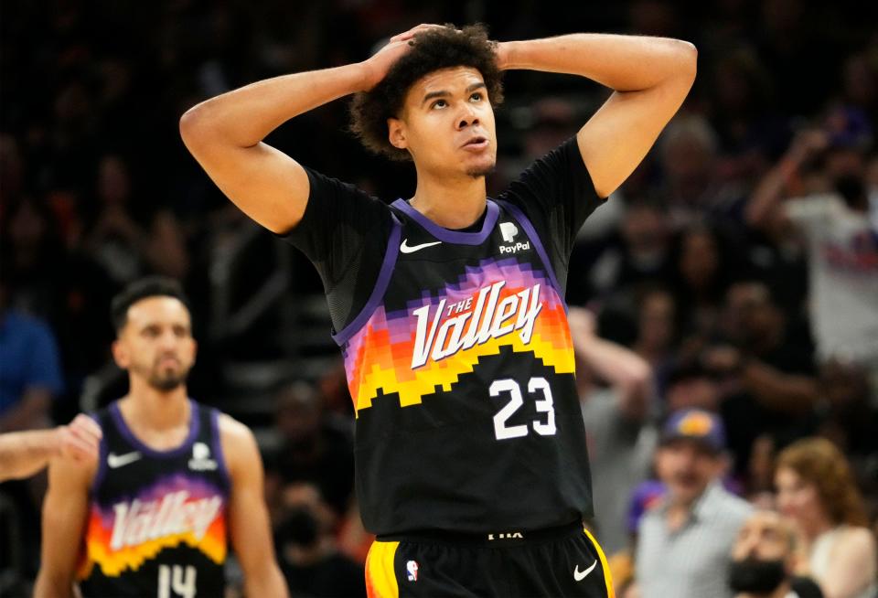 May 15, 2022; Phoenix, Arizona, USA; Phoenix Suns forward Cameron Johnson (23) reacts against the Dallas Mavericks during game seven of the second round for the 2022 NBA playoffs at Footprint Center.