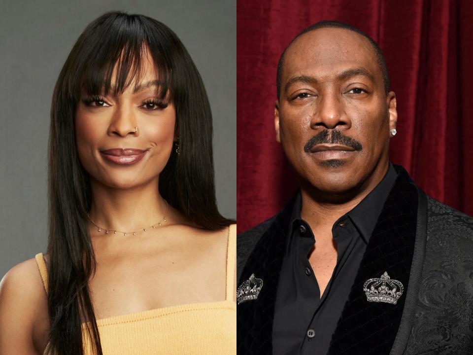 left: shayne murphy, a young woman with straight black hair; right: eddie murphy, wearing a black suit