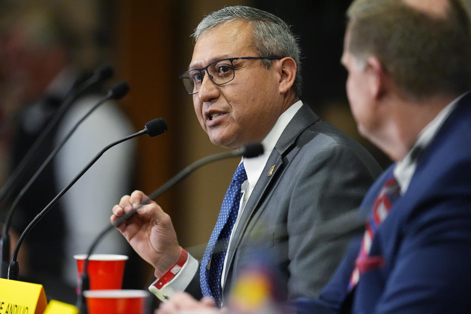 Joe Andujo, one of three candidates running for Colorado's 8th Congressional district seat, speaks during the first Republican primary debate for the district Thursday, Jan. 25, 2024, in Fort Lupton, Colo. (AP Photo/David Zalubowski)