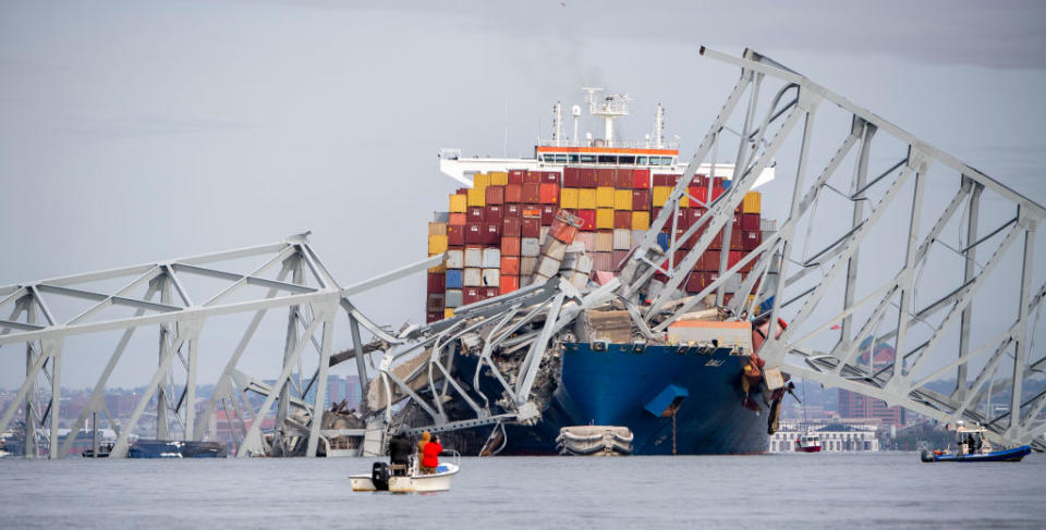 BALTIMORE, MD -MARCH 26:  The Key Bridge was hit by a ship and collapsed  on March 26, 2024. (Photo by Jonathan Newton/for The Washington Post via Getty Images)