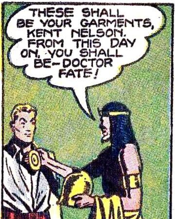 Nabu the Wise hands Kent Nelson his magical totems, deeming him Doctor Fate.