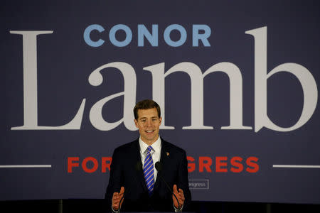 U.S. Democratic congressional candidate Conor Lamb speaks during his election night rally in Pennsylvania's 18th U.S. Congressional district special election against Republican candidate and State Rep. Rick Saccone, in Canonsburg, Pennsylvania, March 13, 2018. REUTERS/Brendan McDermid