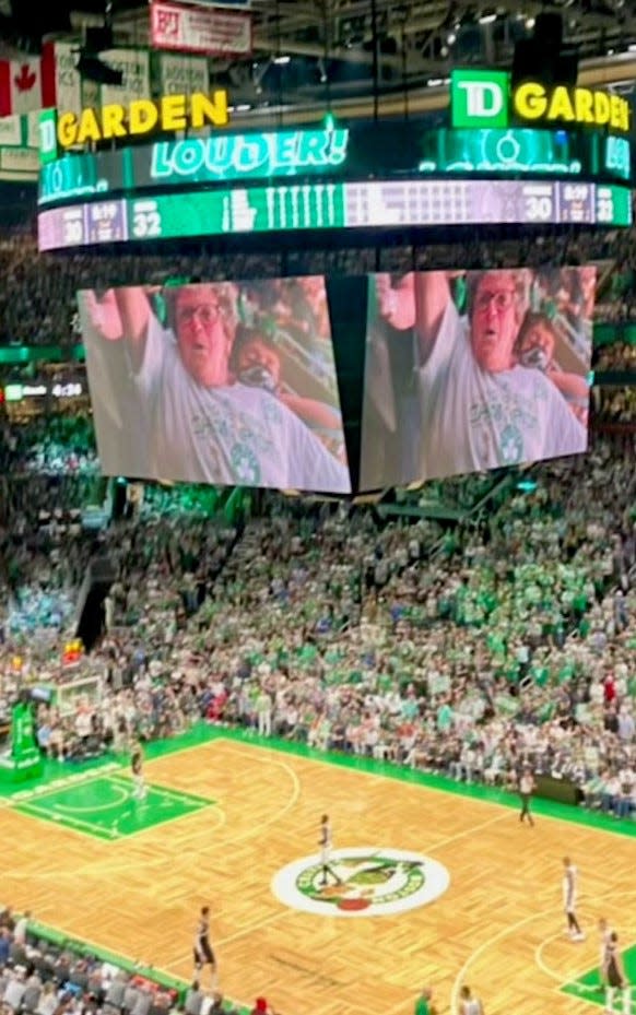 Peggy McGowan of Fall River appears on the Jumbotron during a Boston Celtics game at TD Garden in Boston. McGowan was a social worker and longtime crossing guard for Fall River Public Schools beloved by students.