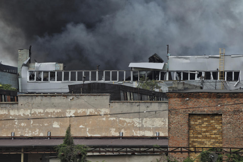 Smoke rises in the air after shelling in Odesa, Ukraine, Saturday, July 16, 2022. (AP Photo/Nina Lyashonok)