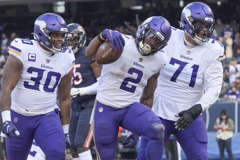 Minnesota Vikings running back Alexander Mattison (C) failed to score a rushing touchdown in 2023. File Photo by Mark Black/UPI