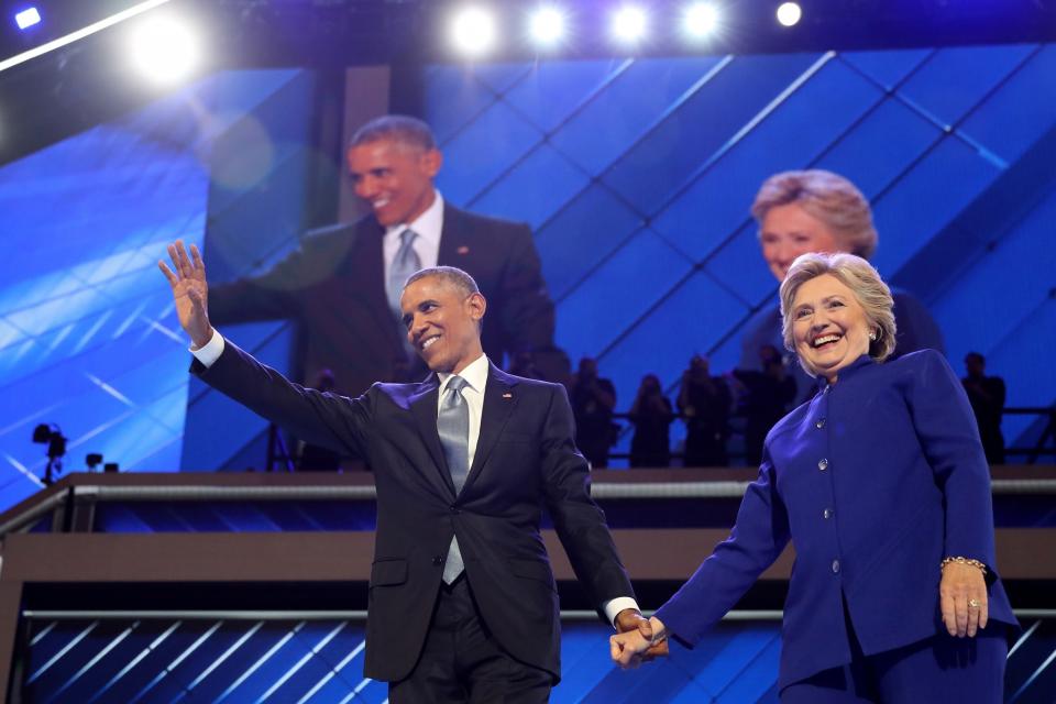 President Obama and Democratic presidential nominee Hillary Clinton acknowledge the crowd at the Democratic National Convention on Wednesday. (Photo: Joe Raedle/Getty Images)