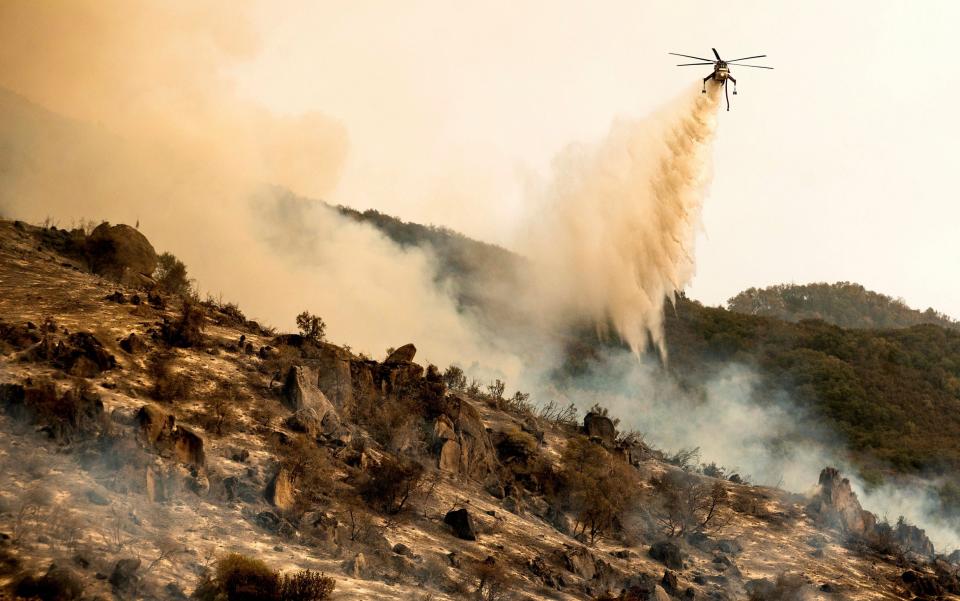 A helicopter drops water on the KNP Complex Fire burning along Generals Highway in Sequoia National Park - Noah Berger/AP