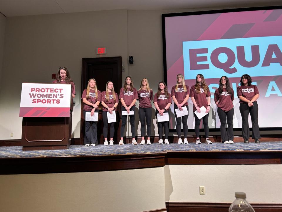 Lily Mullens, a 2021 Hoover High School graduate and a captain of the Roanoke College women's swim team, speaks out Oct. 5 in Salem, Virginia, against trans women being allowed to compete in women's athletics.