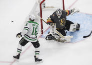 Dallas Stars' Joe Pavelski (16) is stopped by Vegas Golden Knights goalie Robin Lehner (90) during the third period of Game 2 of the NHL hockey Western Conference final, Tuesday, Sept. 8, 2020, in Edmonton, Alberta. (Jason Franson/The Canadian Press via AP)