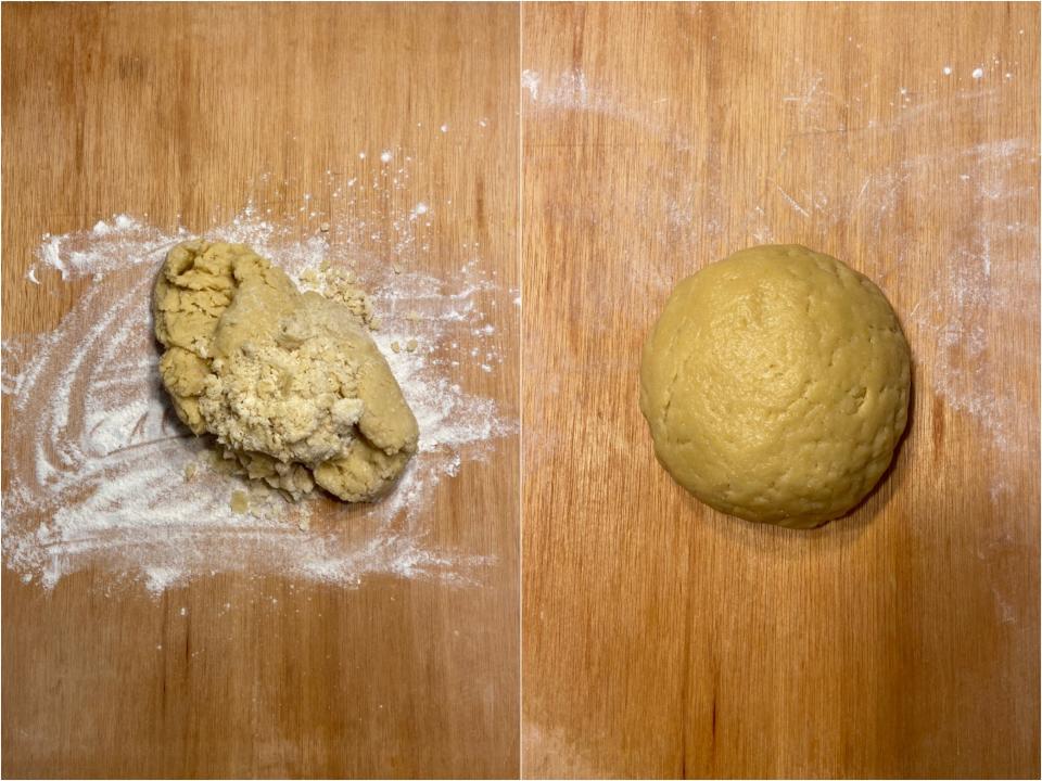 Side by side of rough slab of dough on floured board next to a smooth circular ball of dough.