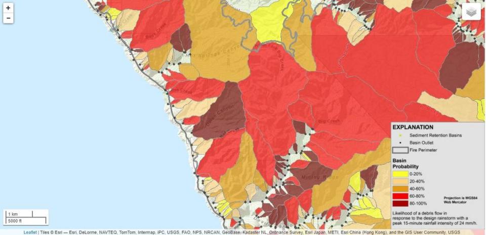 A USGS team mapped the risk of debris flows in the burn scar area following 2020’s Dolan Fire. Rat Creek, where a mudslide took out a major portion of the road, is in red, just below the dark brown section labeled Dolan Creek. . 