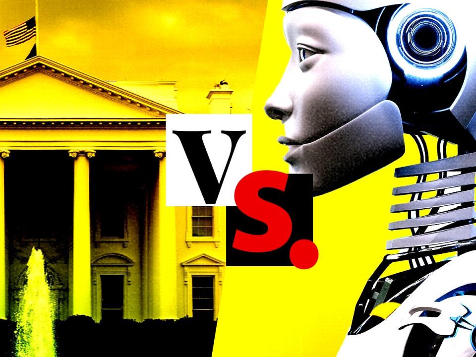 A graphic of the White House (left) and a robot (right).