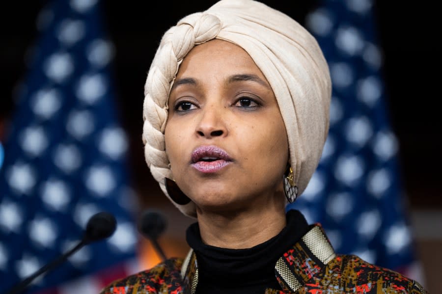 Rep. Ilhan Omar, D-Minn., conducts a news conference with Reps. Adam Schiff, D-Calif., and Eric Swalwell, D-Calif., on being removed from committees assignments, in the Capitol Visitor Center on Wednesday, January 25, 2023. (Tom Williams/CQ-Roll Call, Inc via Getty Images)