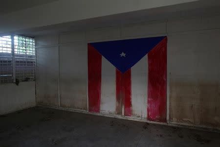 The Puerto Rican flag is seen on the wall of a class room of a shut-down elementary school, in Toa Baja, Puerto Rico February 5, 2018. REUTERS/Alvin Baez