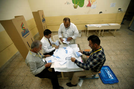 Officials sort ballot papers after the close of the polling station during Kurds independence referendum in Erbil, Iraq September 25, 2017. REUTERS/Azad Lashkari