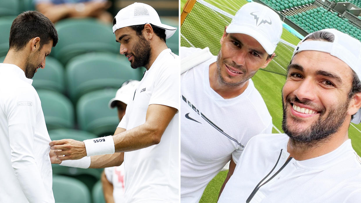 Matteo Berrettini, pictured here in contact with Novak Djokovic and Rafa Nadal prior to testing positive. 