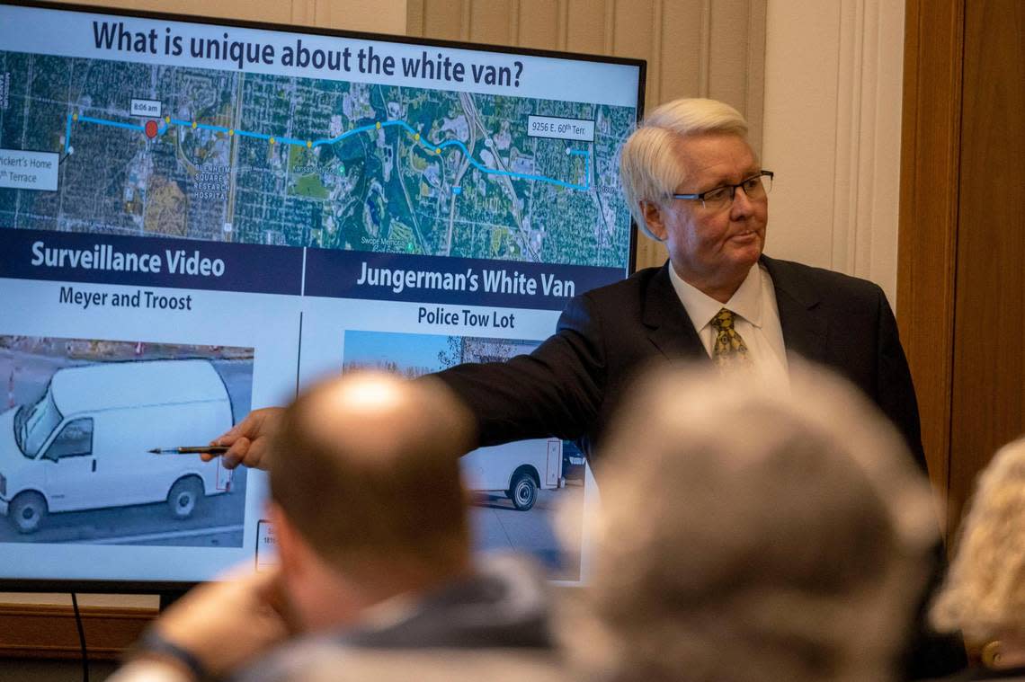 Attorney Tim Dollar points to a white van while cross examining a witness during the fifth day of David G. Jungerman’s trail at the Jackson County Courthouse on Wednesday, Sep. 21, 2022. Jungerman is accused of killing attorney Tom Pickert in front of his Brookside home on Oct. 25, 2017.