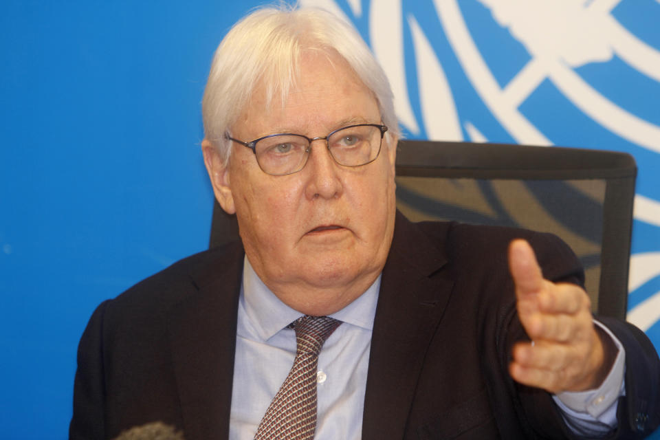 Martin Griffiths, Under-Secretary-General for Humanitarian Affairs and Emergency, speaks at a news conference in Mogadishu, Somalia, Monday, Sept 5, 2022. The United Nations says “famine is at the door” in Somalia with “concrete indications” famine will occur later this year in the southern Bay region. This falls just short of a formal famine declaration in Somalia as thousands are dying in a historic drought made worse by the effects of the war in Ukraine. (AP Photo/Farah Abdi Warsameh)