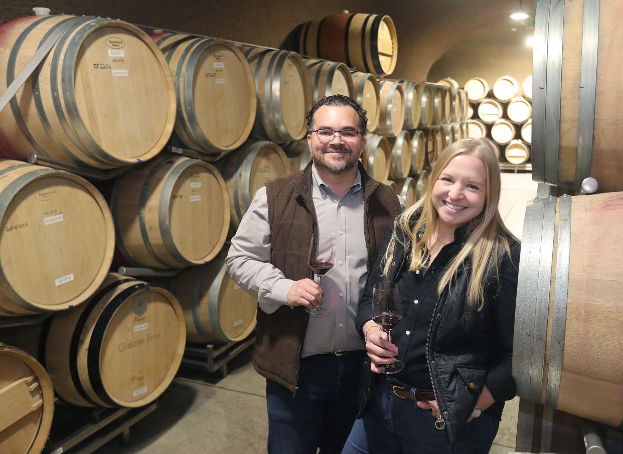 Julian Christian and Kathryn Siegfried, formerly of the Canton area, at The Caves at Soda Canyon, where they make their Greater Fool Wine in Napa, California.