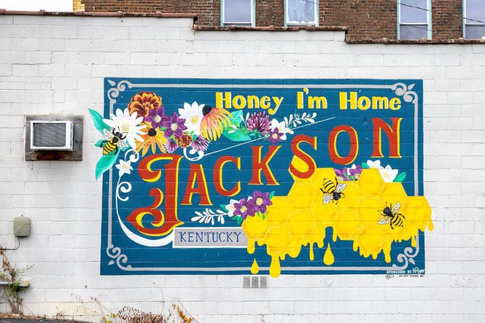 A mural by Kellene Turner Art in downtown Jackson, Ky., the county seat of Breathitt County, is photographed Wednesday, July 17, 2024.