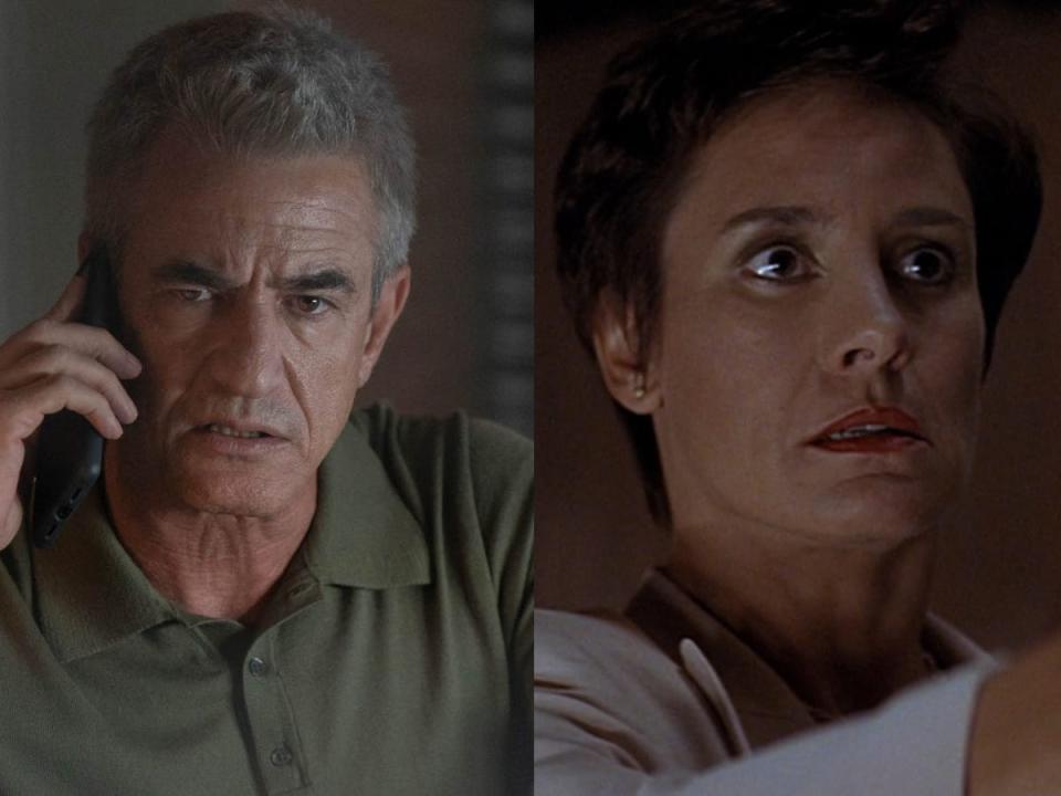 Dermot Mulroney as Detective Bailey in "Scream 6" and Laurie Metcalf as Nancy Loomis in "Scream 2."