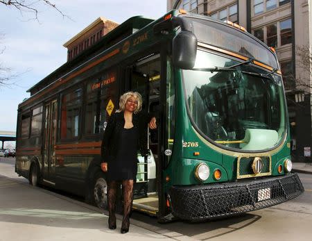 Crystal Hill, a Cleveland regional Transit Authority Trolley driver poses outside her trolley as Tina Turner as part of the Rock and Roll Hall of Fame Induction week in Cleveland, Ohio April 15, 2015. REUTERS/Aaron Josefczyk