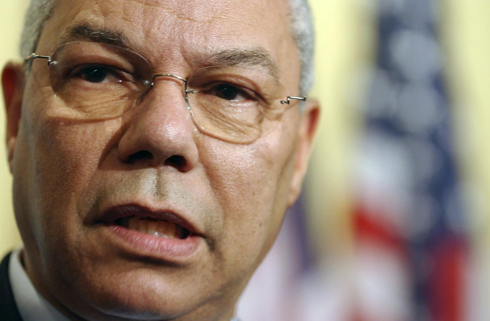 FILE - U.S. Secretary of State Colin Powell makes a statement to the media after a meeting at U.N. headquarters, Thursday, Aug. 21, 2003. Powell, former Joint Chiefs chairman and secretary of state, has died from COVID-19 complications. In an announcement on social media Monday, Oct. 18, 2021 the family said Powell had been fully vaccinated. He was 84. (AP Photo/Mary Altaffer, file)