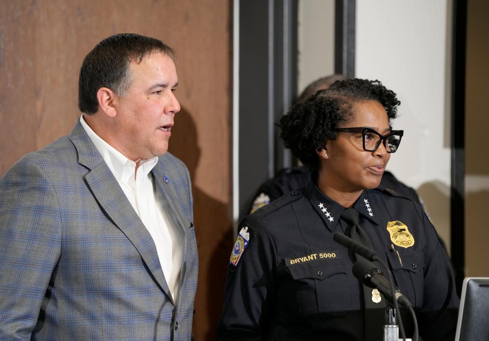 Jan. 11, 2024; Columbus, Ohio, USA; 
Mayor Andrew Ginther and Police Chief Elaine Bryant speak during a press conference presenting crime statistics for 2023 on Thursday at the Columbus Police Academy.