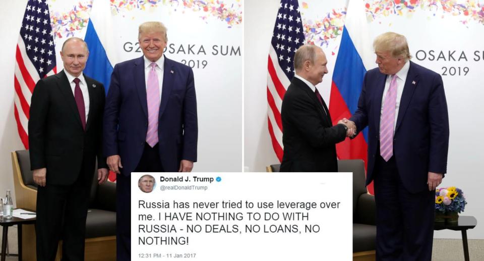 Trump and Russian president Vladimir Putin meeting at summit. Inset: Tweet by Trump denying Russian collusion