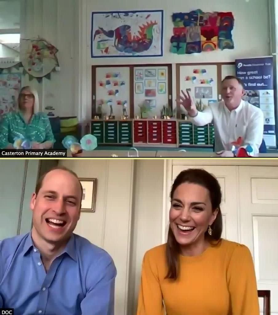 <p>Kate Middleton chose a sunny yellow sweater and leaf-inspired gold earrings for a video call with teachers working during the coronavirus crisis to provide students whose parents are essential workers with a safe place to go. </p>