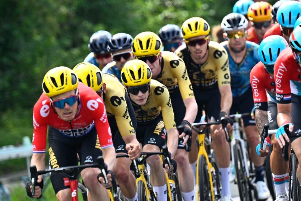 Dutch Dylan Van Baarle of JumboVisma Belgian Tiesj Benoot of JumboVisma and Danish Jonas Vingegaard of JumboVisma and French Christophe Laporte of JumboVisma pictured in action during the third stage of the Tour de France cycling race a 1874 km race from AmorebietaEtxano to Bayonne France Monday 03 July 2023 This years Tour de France takes place from 01 to 23 July 2023 BELGA PHOTO JASPER JACOBS Photo by JASPER JACOBS  BELGA MAG  Belga via AFP Photo by JASPER JACOBSBELGA MAGAFP via Getty Images