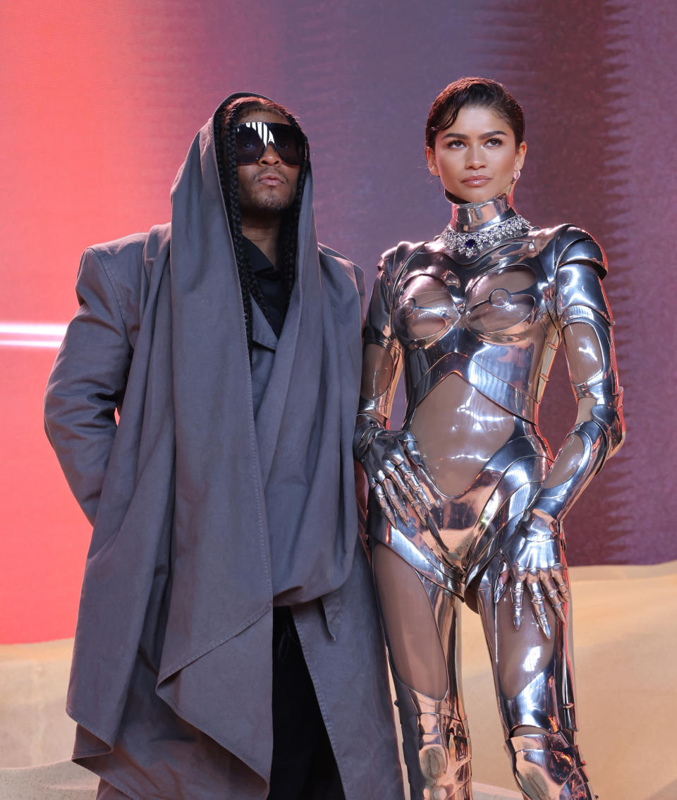 Closeup of Law Roach and Zendaya who is wearing a fembot bodysuit