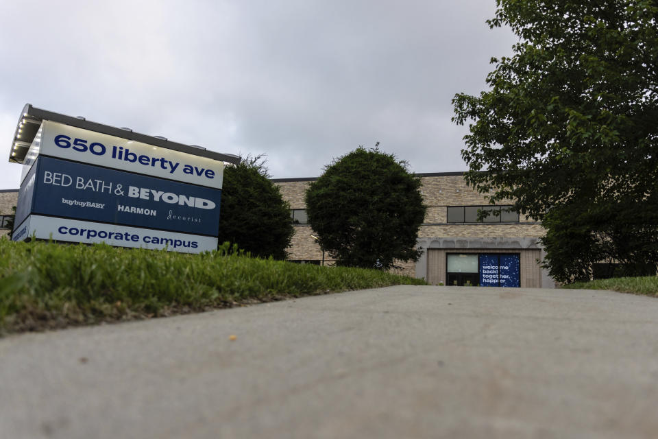 Signage is outside the Bed Bath & Beyond corporate headquarters building in Union, N.J., on Wednesday, June 5, 2024. An Associated Press analysis found the number of publicly-traded “zombie” companies — those so laden with debt they're struggling to pay even the interest on their loans — has soared to nearly 7,000 around the world, including 2,000 in the United States. (AP Photo/Stefan Jeremiah)