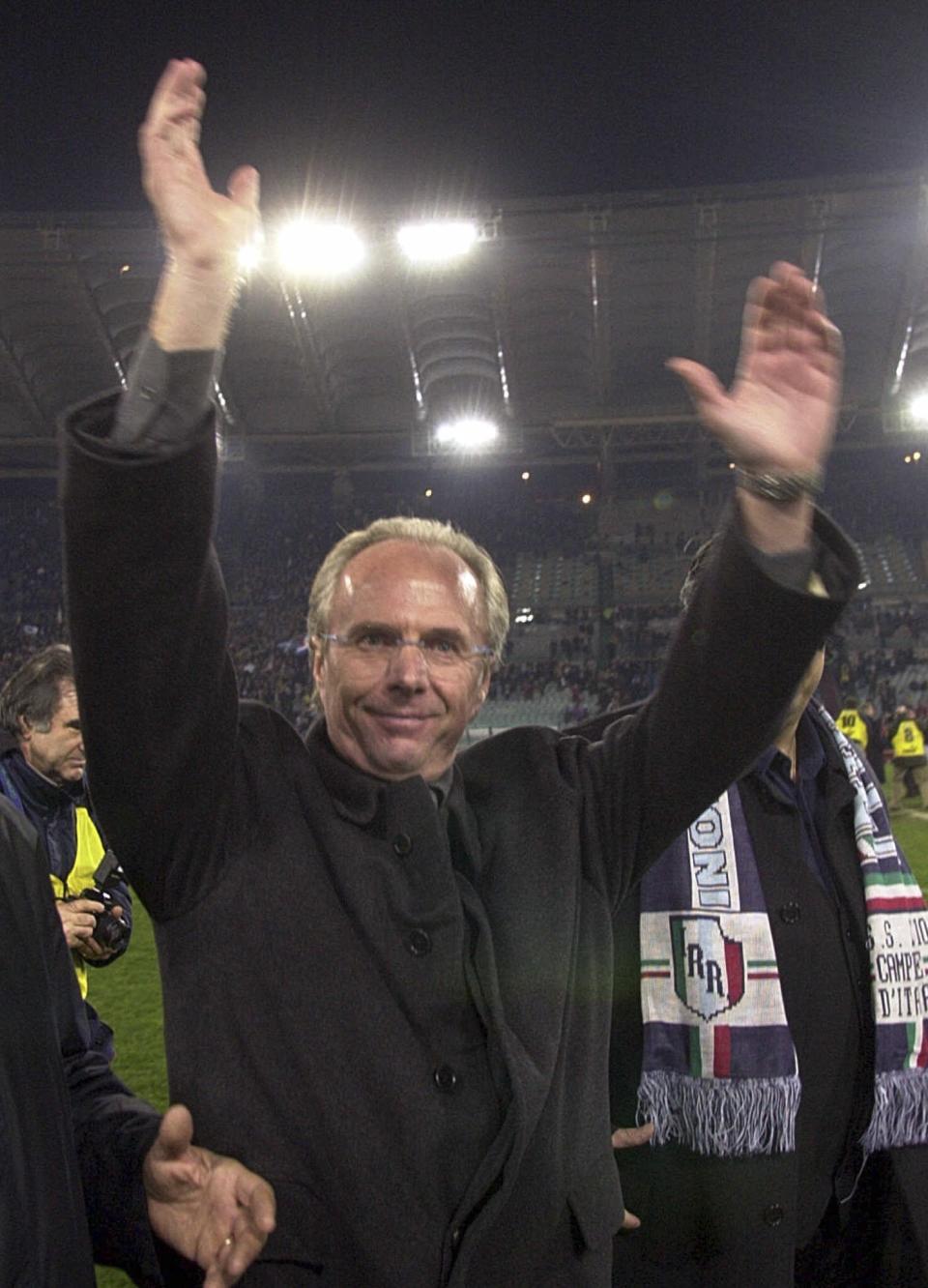 FILE - Sven Goran Eriksson, Lazio's former coach, waves to Lazio's fans in Rome's Olympic stadium to celebrate their soccer team's 100th anniversary, Tuesday, Jan. 9, 2000. Swedish soccer coach Sven-Goran Eriksson says he has cancer and might have less than a year to live. The former England coach has told Swedish Radio he discovered he had cancer after collapsing suddenly. (AP Photo/Pier Paolo Cito, File)