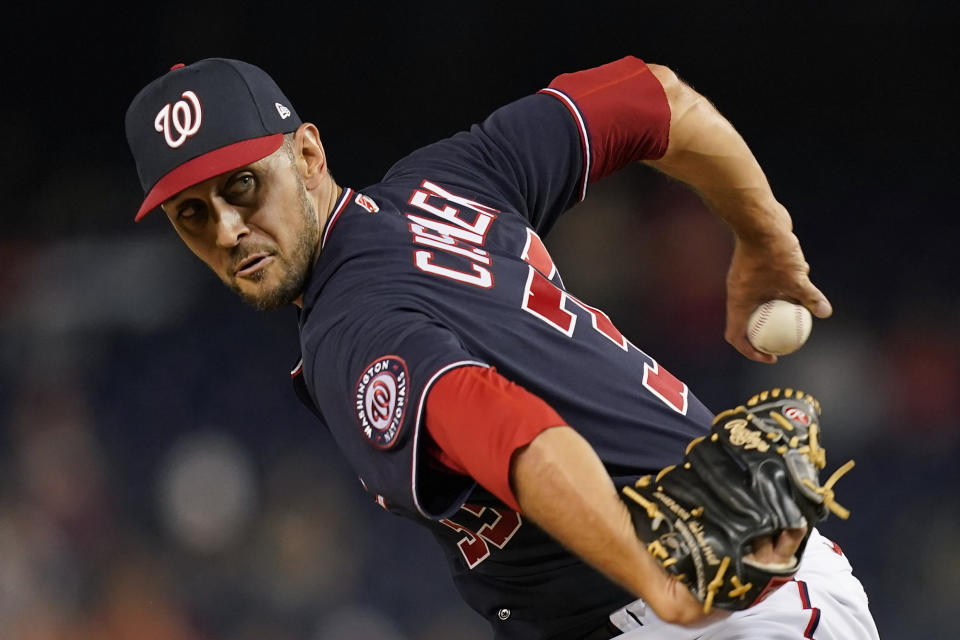 Washington Nationals relief pitcher Steve Cishek throws to the Colorado Rockies in the ninth inning of a baseball game, Thursday, May 26, 2022, in Washington. Washington won 7-3. (AP Photo/Patrick Semansky)