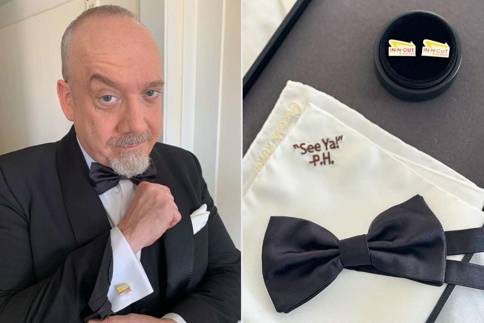 <p>Paul Giamatti/instagram</p> Paul Giamatti shows off his In-N-Out cufflinks for the Oscars 2024